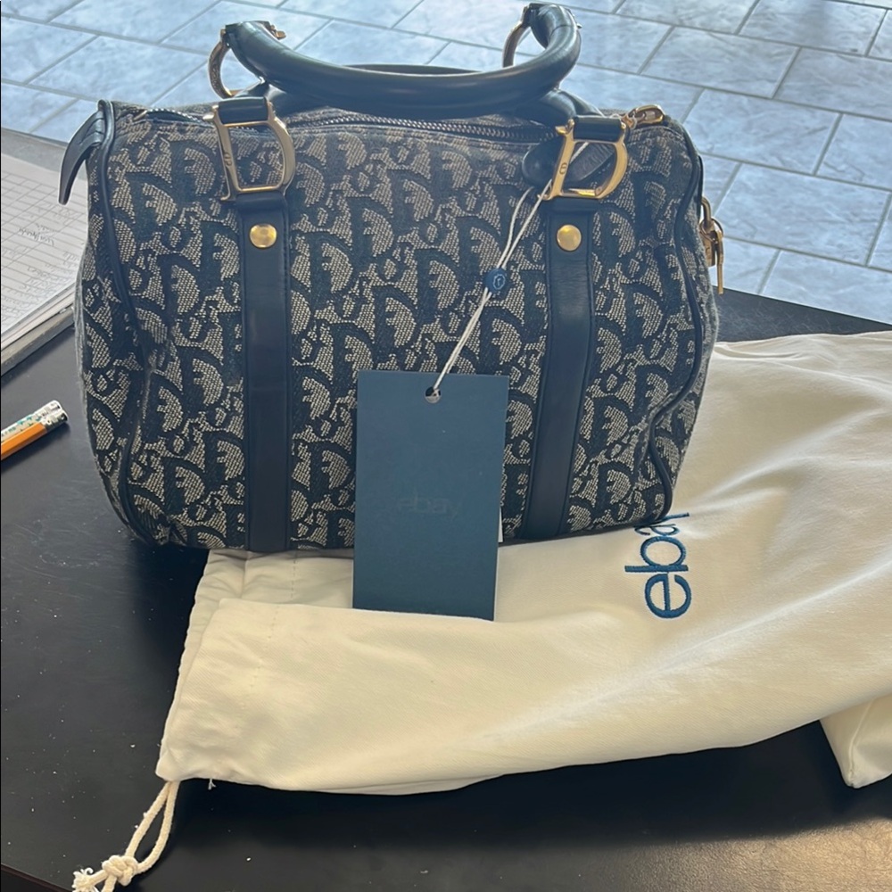 Dior vintage trotter Boston bag navy with gold hardware